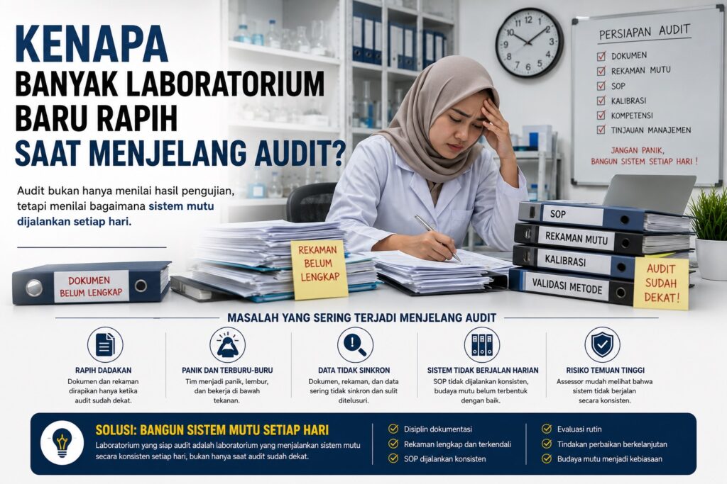 Ilustrasi laboratorium yang sedang sibuk merapikan dokumen dan sistem mutu menjelang audit ISO 17025.