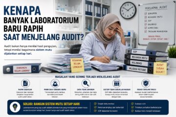 Ilustrasi laboratorium yang sedang sibuk merapikan dokumen dan sistem mutu menjelang audit ISO 17025.
