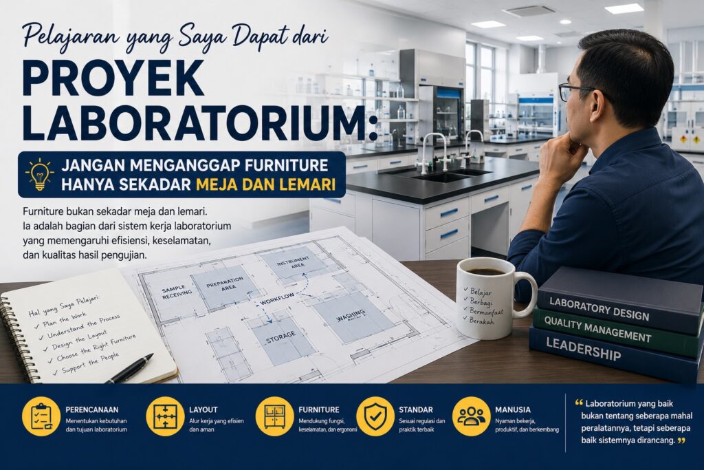 Yudiansyah berbagi pengalaman mengenai pentingnya perencanaan furniture laboratorium.