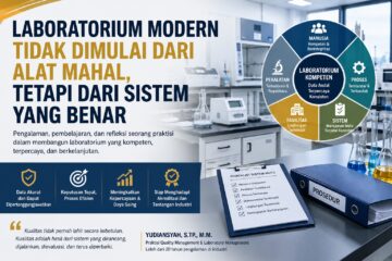 Ilustrasi laboratorium modern yang menekankan pentingnya sistem manajemen, kompetensi personel, fasilitas, proses, dan peralatan sesuai prinsip ISO/IEC 17025.
